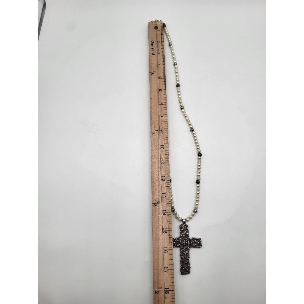 Brighton Lola Floral Cross Necklace Faux Pearl Beaded Long Statement Pendant - Picture 7 of 10